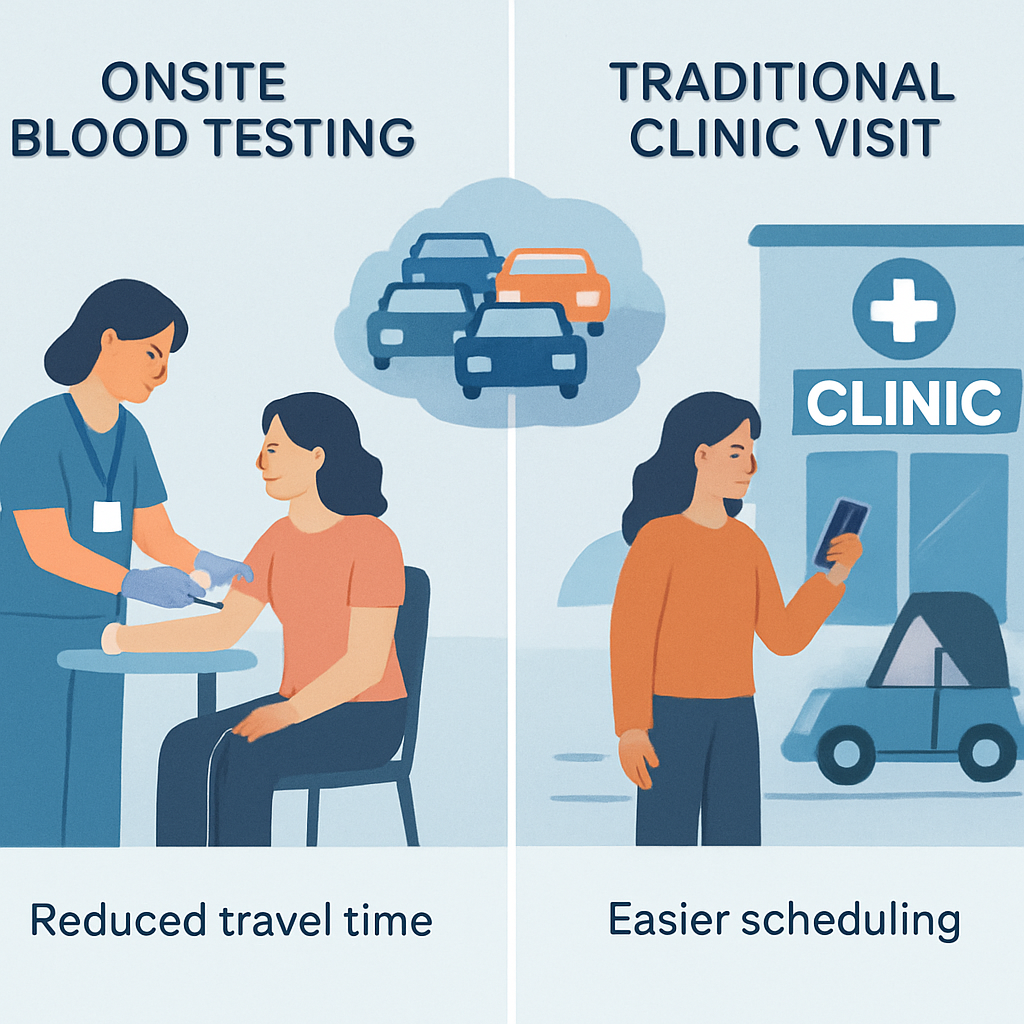 A visual comparison highlighting the convenience of onsite blood testing versus traditional clinic visits, illustrating reduced travel time, traffic congestion, and easier scheduling.