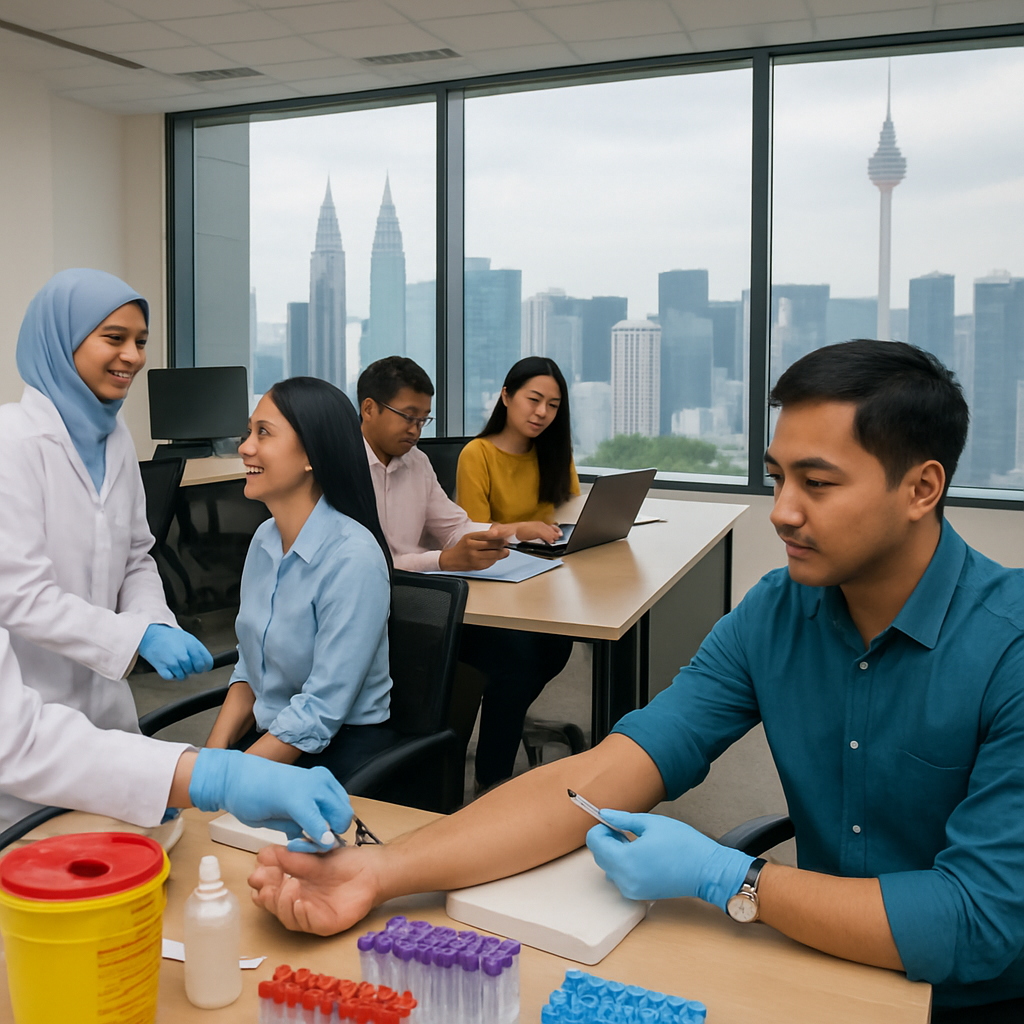 An office setting in Kuala Lumpur with employees participating in onsite blood testing, showcasing medical staff collecting blood samples in a convenient workplace environment.