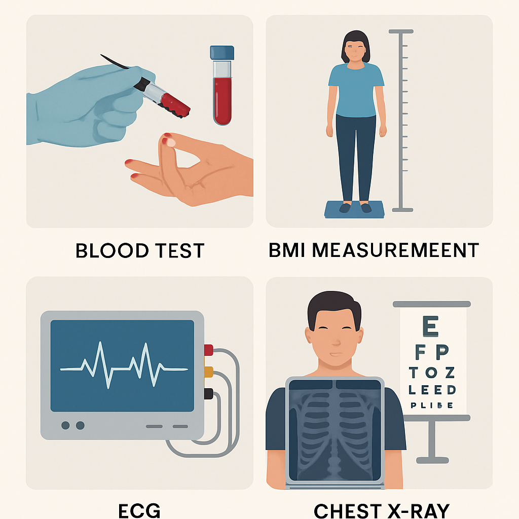 A detailed visual of typical corporate health screening tests including blood tests, BMI measurement, ECG, chest X-rays, and vision tests, displayed in a clean infographic style.