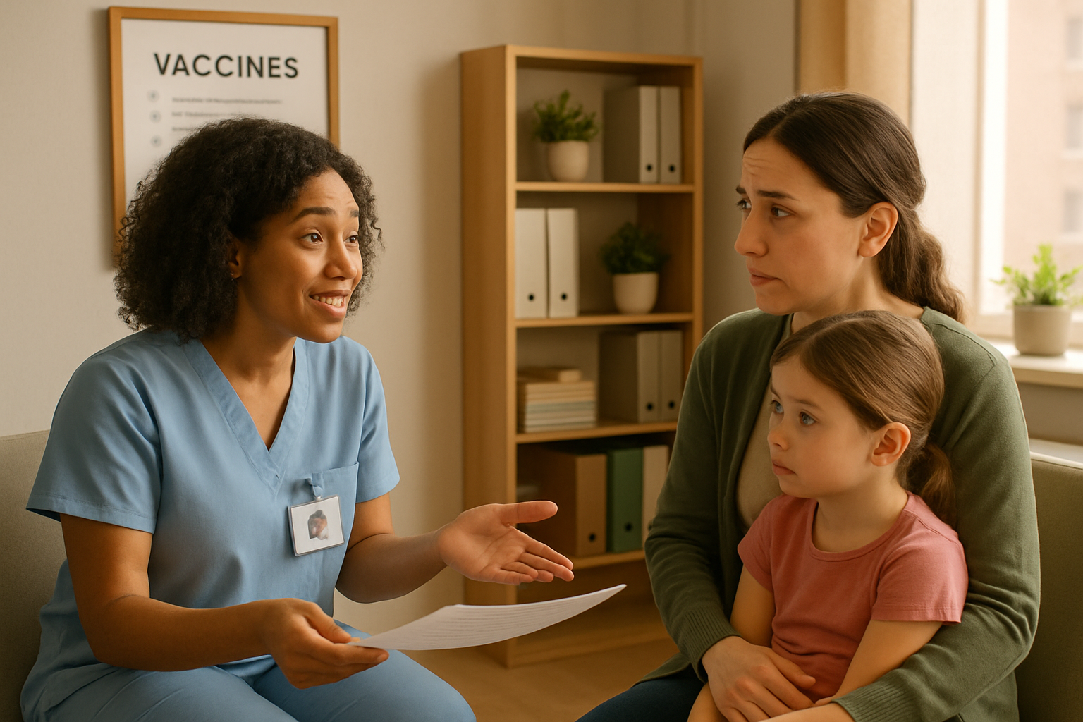 Friendly pediatrician reviewing a baby vaccination schedule chart with parents in a welcoming clinic environment