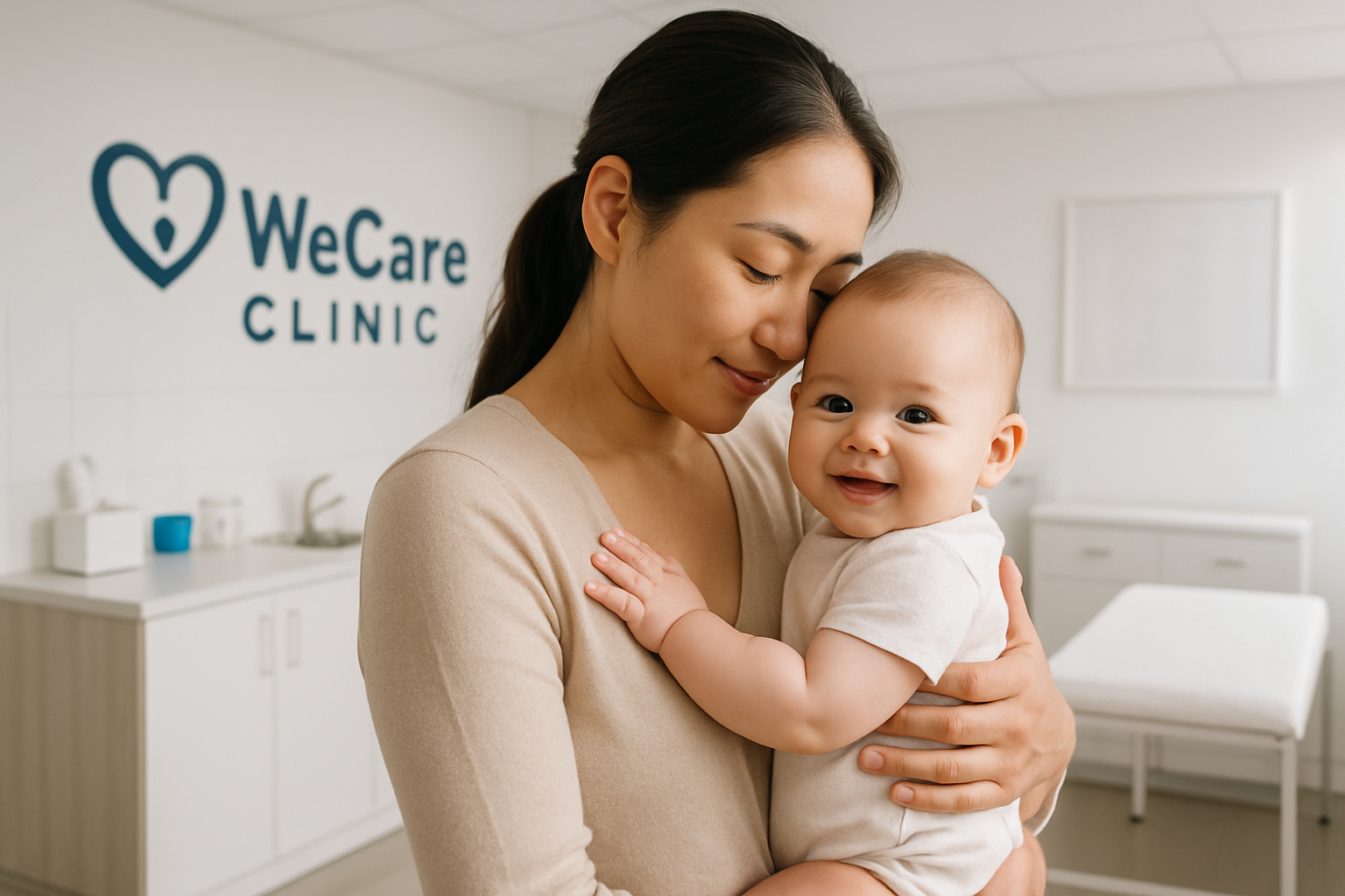 A caring parent holding their healthy baby in a clean clinic environment representing WeCare Clinic