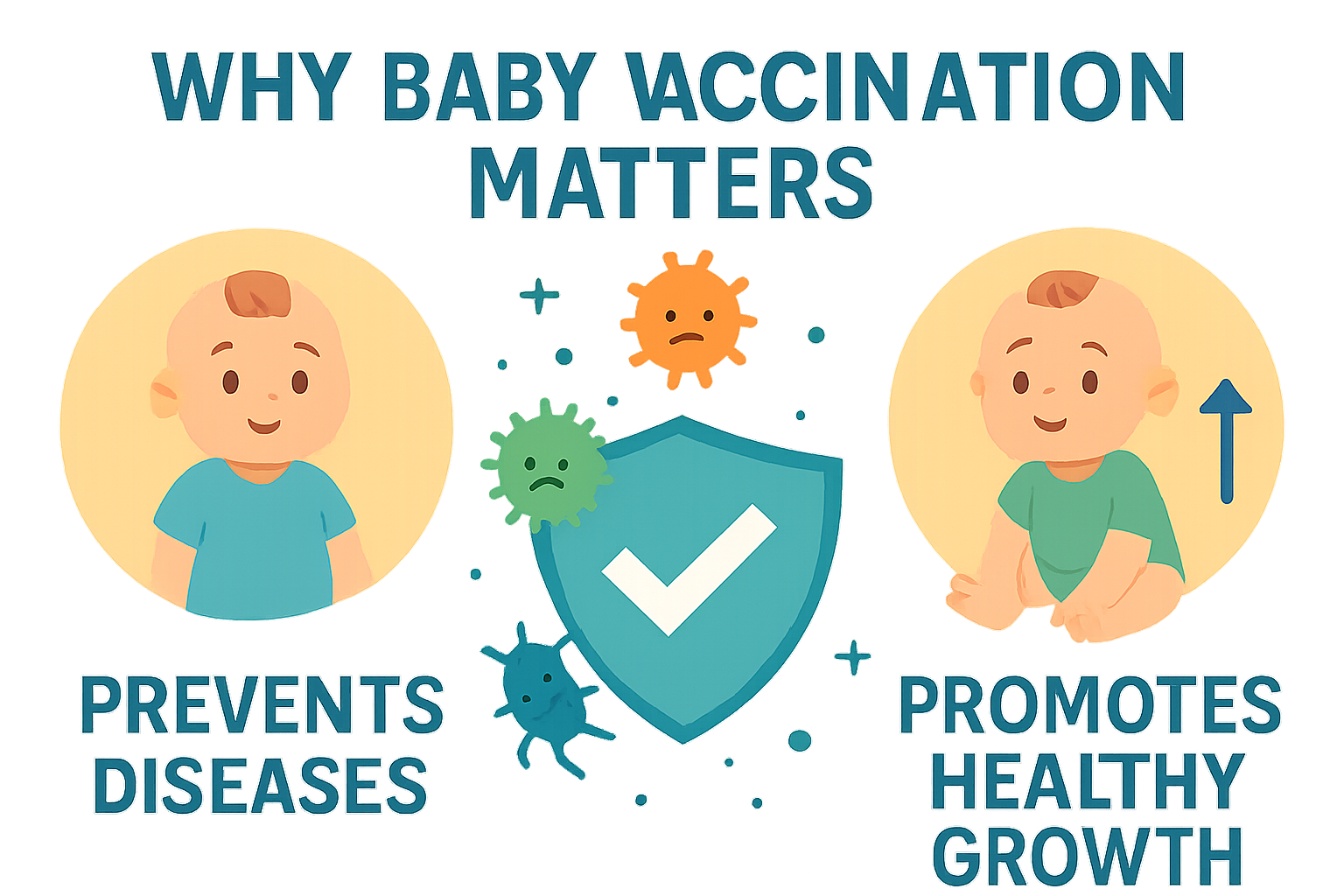 Infographic showing why baby vaccination matters with icons of germs stopped by shield and healthy babies