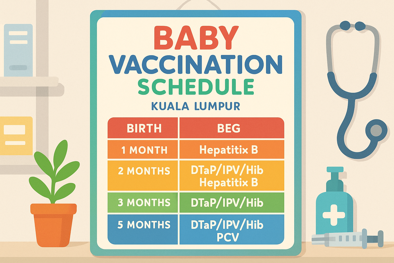Colorful baby vaccination schedule chart for Kuala Lumpur with key vaccines and timing