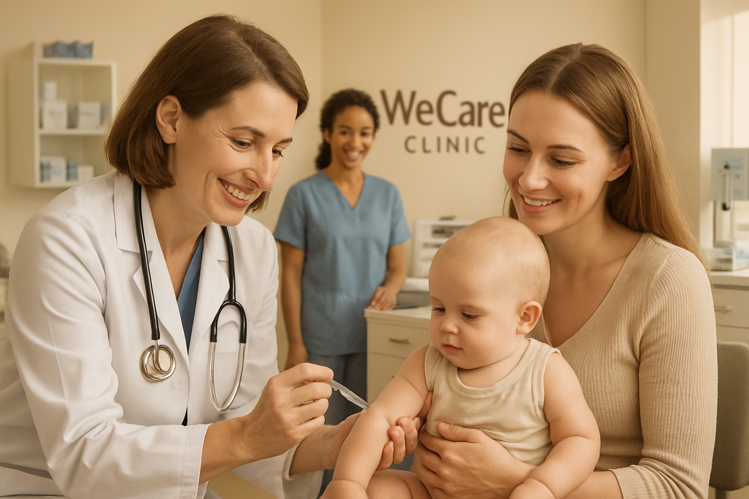 Pediatrician gently administering vaccine to baby with caring staff in modern clinic