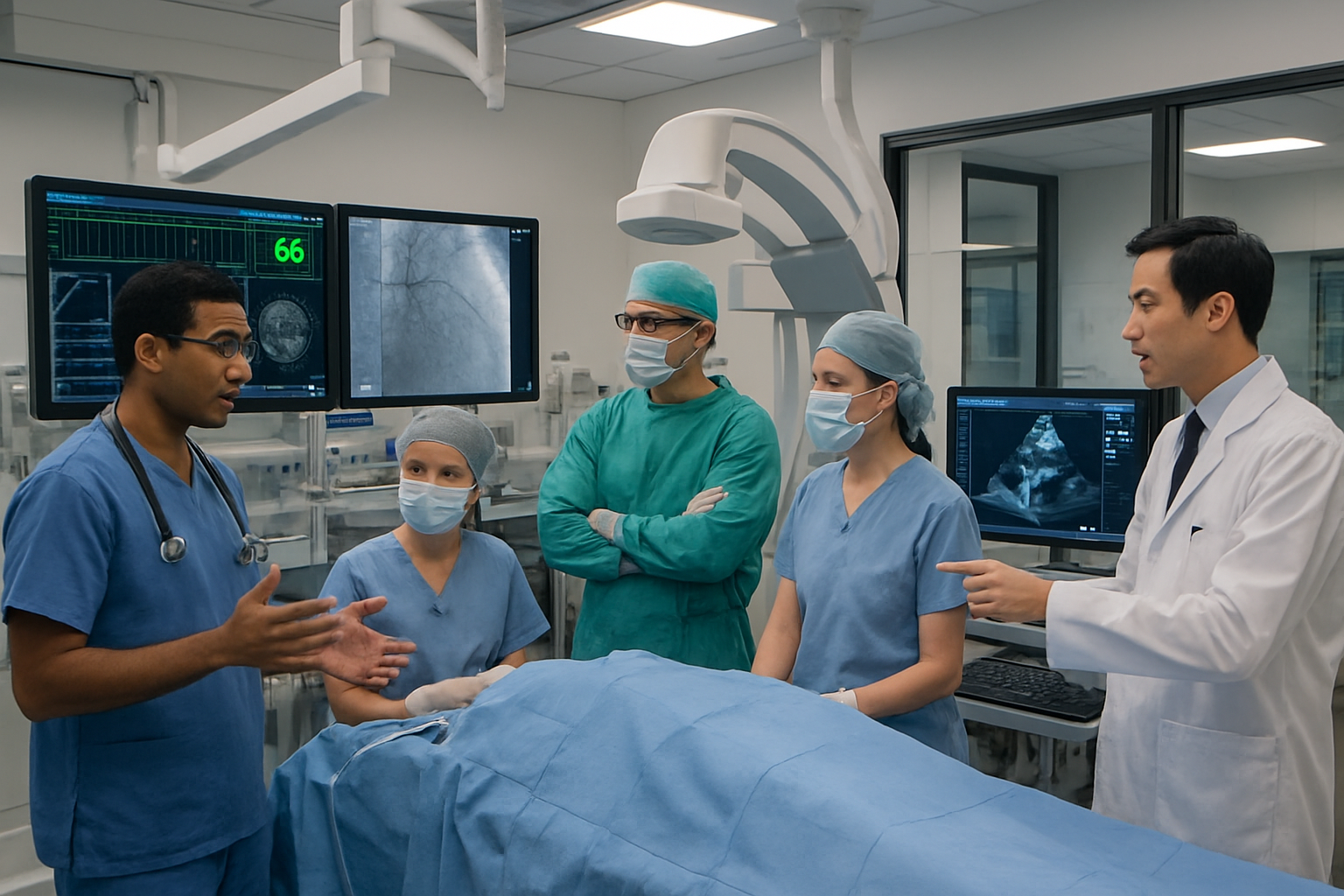 A modern cardiac care center in Kuala Lumpur showing a multidisciplinary team of cardiologists, surgeons, nurses, and technicians collaborating with advanced diagnostic equipment.