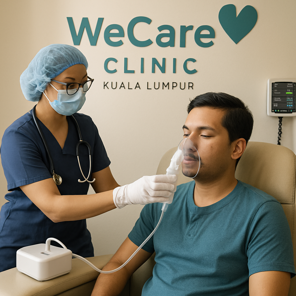 Scene inside WeCare Clinic in Kuala Lumpur showing a patient receiving nebulizer treatment from a healthcare professional, with the patient sitting comfortably and monitored during the session.