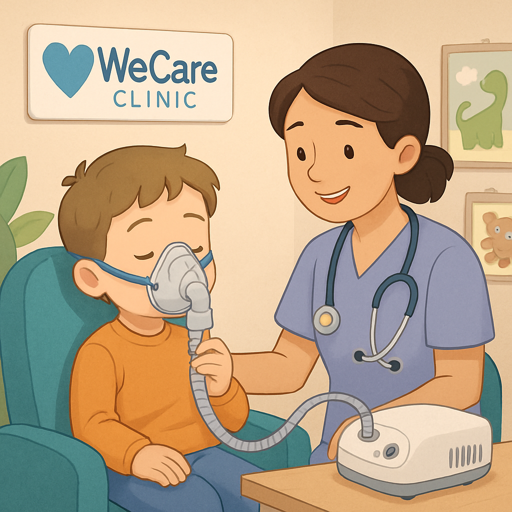 Child-friendly nebulizer treatment setting at WeCare Clinic, depicting a calm child receiving therapy with supportive care, highlighting specialized pediatric respiratory treatment.