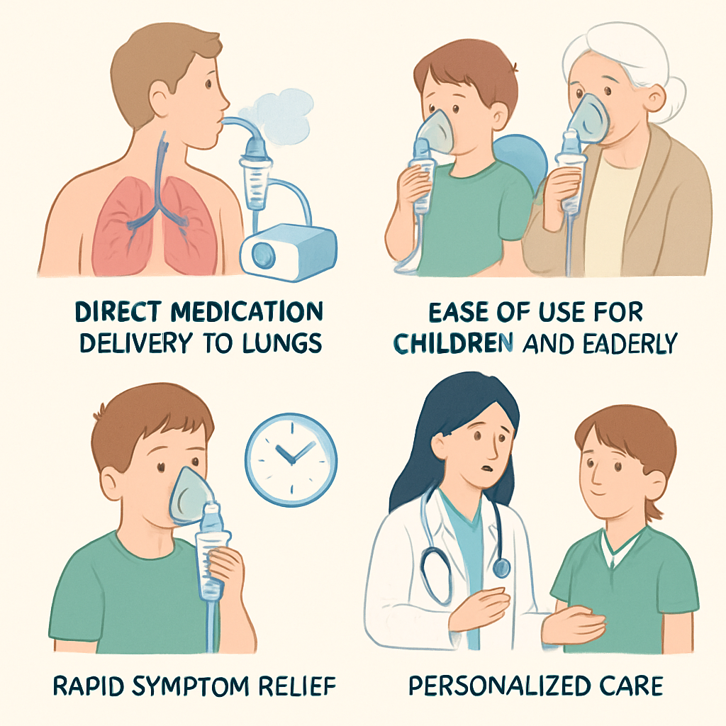 Visual representation of the benefits of nebulizer treatment, including direct medication delivery to lungs, ease of use for children and elderly, rapid symptom relief, and personalized care by healthcare professionals.