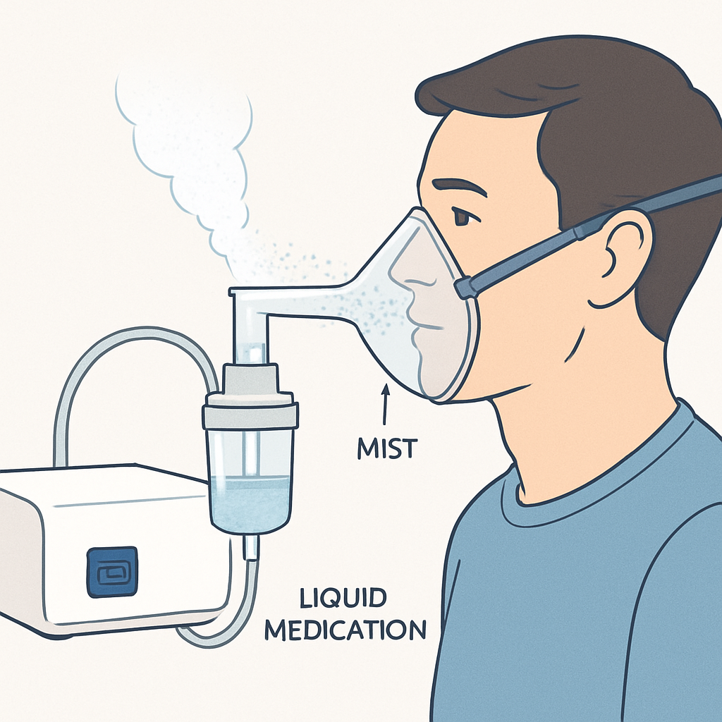 Illustration of a nebulizer device showing the conversion of liquid medication into mist being inhaled by a patient through a mask or mouthpiece, demonstrating how nebulizer treatment works.