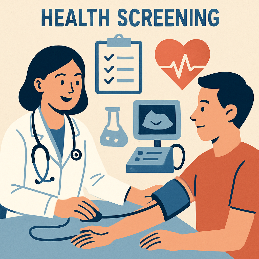 An illustration showing a healthcare professional conducting a health screening with medical equipment, emphasizing early detection and preventive care.