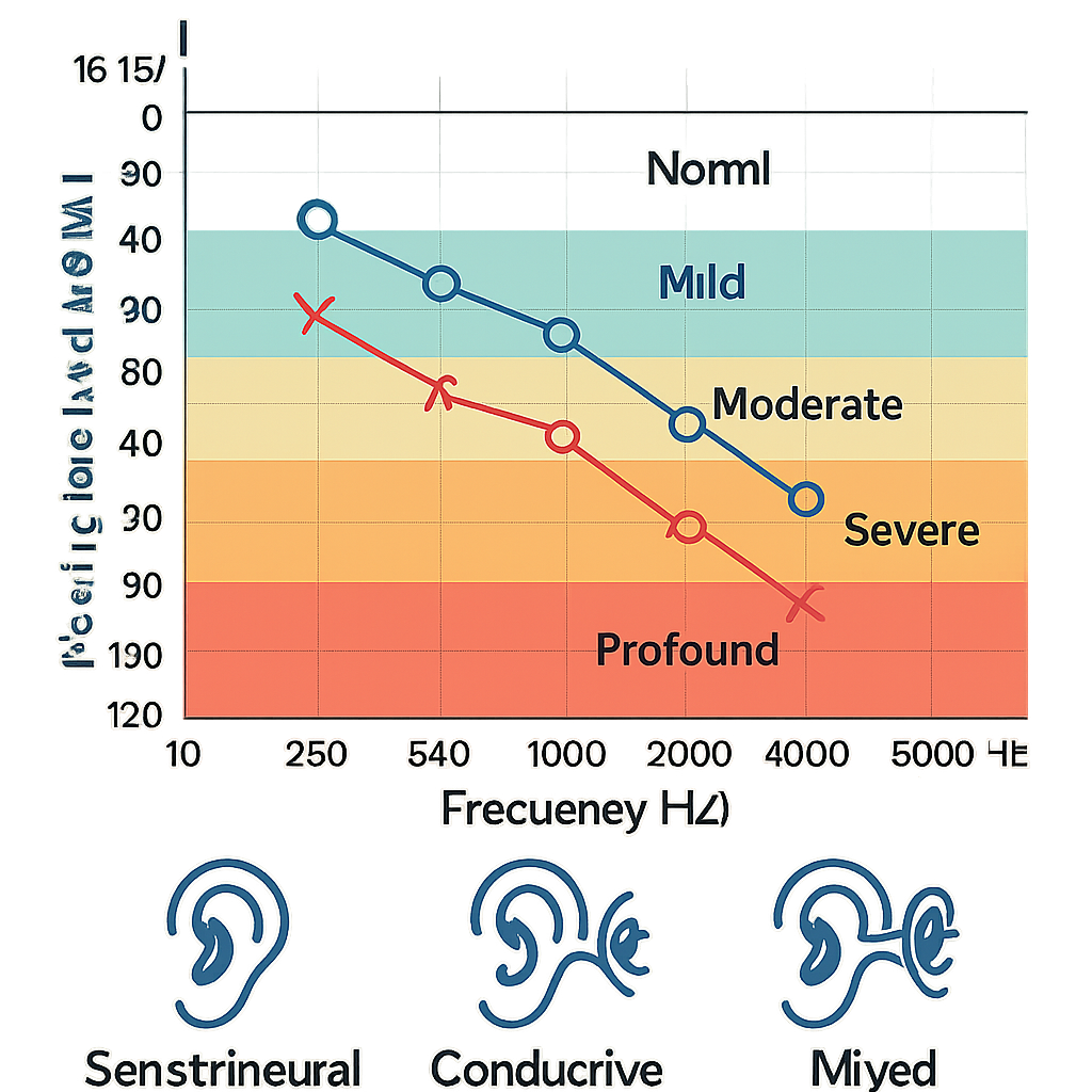 A graphic illustration showing the results of an audiometry test (audiogram) with labeled hearing loss levels from normal to profound and icons representing different types of hearing loss (sensorineural, conductive, mixed).