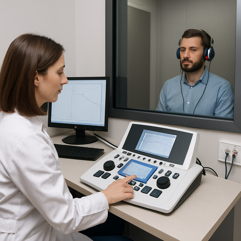 An audiologist conducting an audiometry test in a modern, soundproof clinic room, with advanced audiometric equipment and a patient wearing headphones.