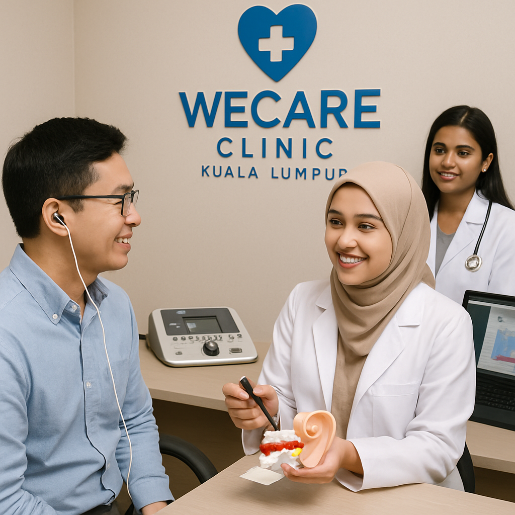 A friendly and professional clinic environment at WeCare Clinic in Kuala Lumpur, showing audiologists consulting a patient, highlighting compassionate personalized care and advanced technology.