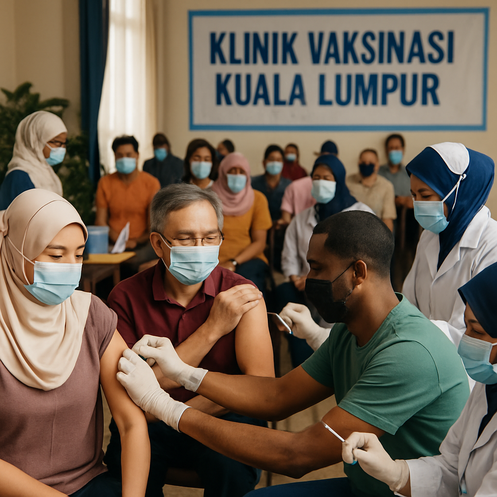 A busy vaccination clinic in Kuala Lumpur with healthcare professionals administering vaccines to people of different ages and backgrounds.