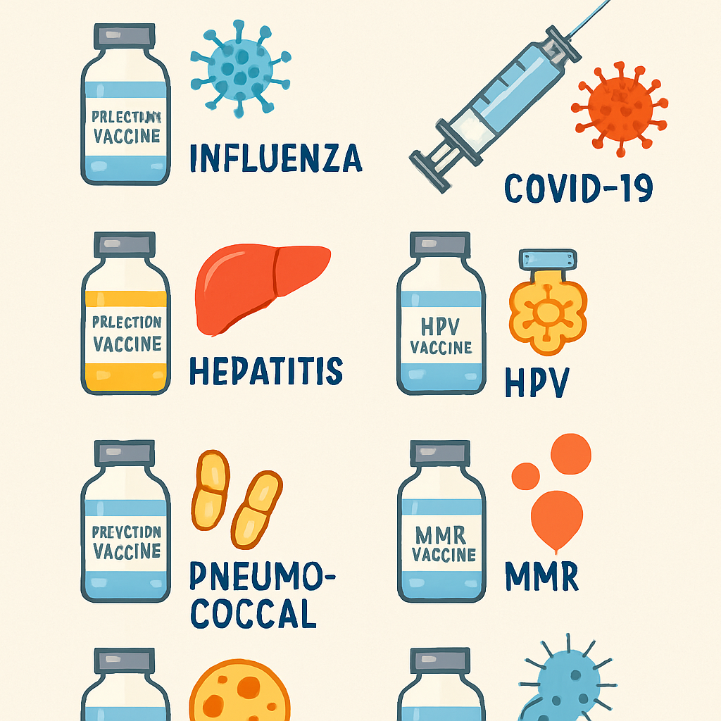 A detailed infographic or visual showing the various vaccines available such as Influenza, COVID-19, Hepatitis, HPV, Pneumococcal, MMR, Chickenpox, and Meningococcal vaccines.