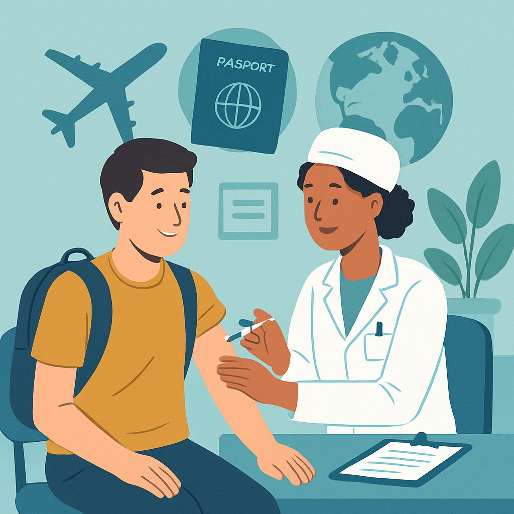A traveler receiving consultation and vaccination at the clinic, with images or symbols representing travel health such as airplanes, passports, and global destinations.