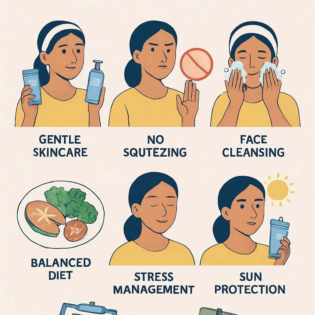 A 2D medical-style illustration depicting safe acne home care tips: gentle skincare product usage, no squeezing pimples, face cleansing routine, balanced diet, stress management, sun protection with sunscreen, and following medical advice with scheduled follow-ups.