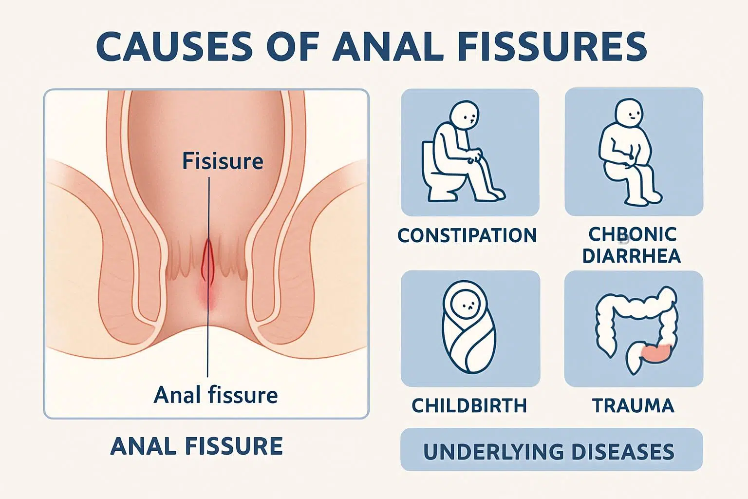 Medical illustration depicting causes and risk factors of anal fissures including constipation, diarrhea, muscle spasm, childbirth, trauma, and diseases