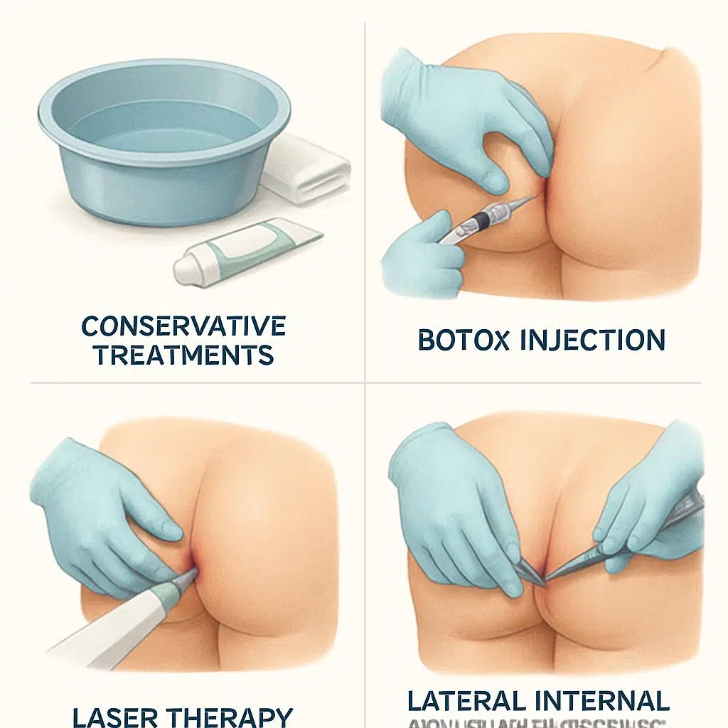 Visual depiction of anal fissure treatment options including sitz baths, topical ointments, Botox injections, laser therapy, and minor surgery