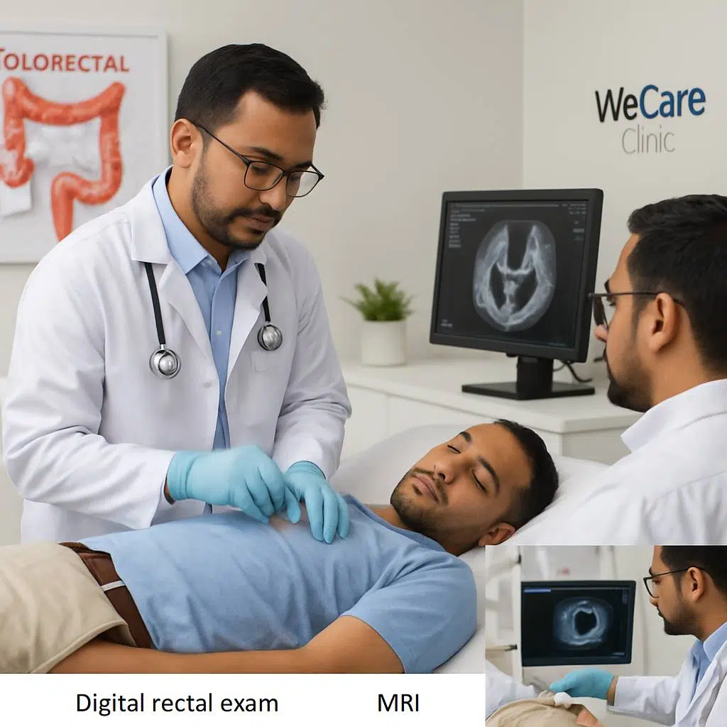 Illustration showing colorectal specialist performing physical examination and advanced imaging for anal fistula diagnosis