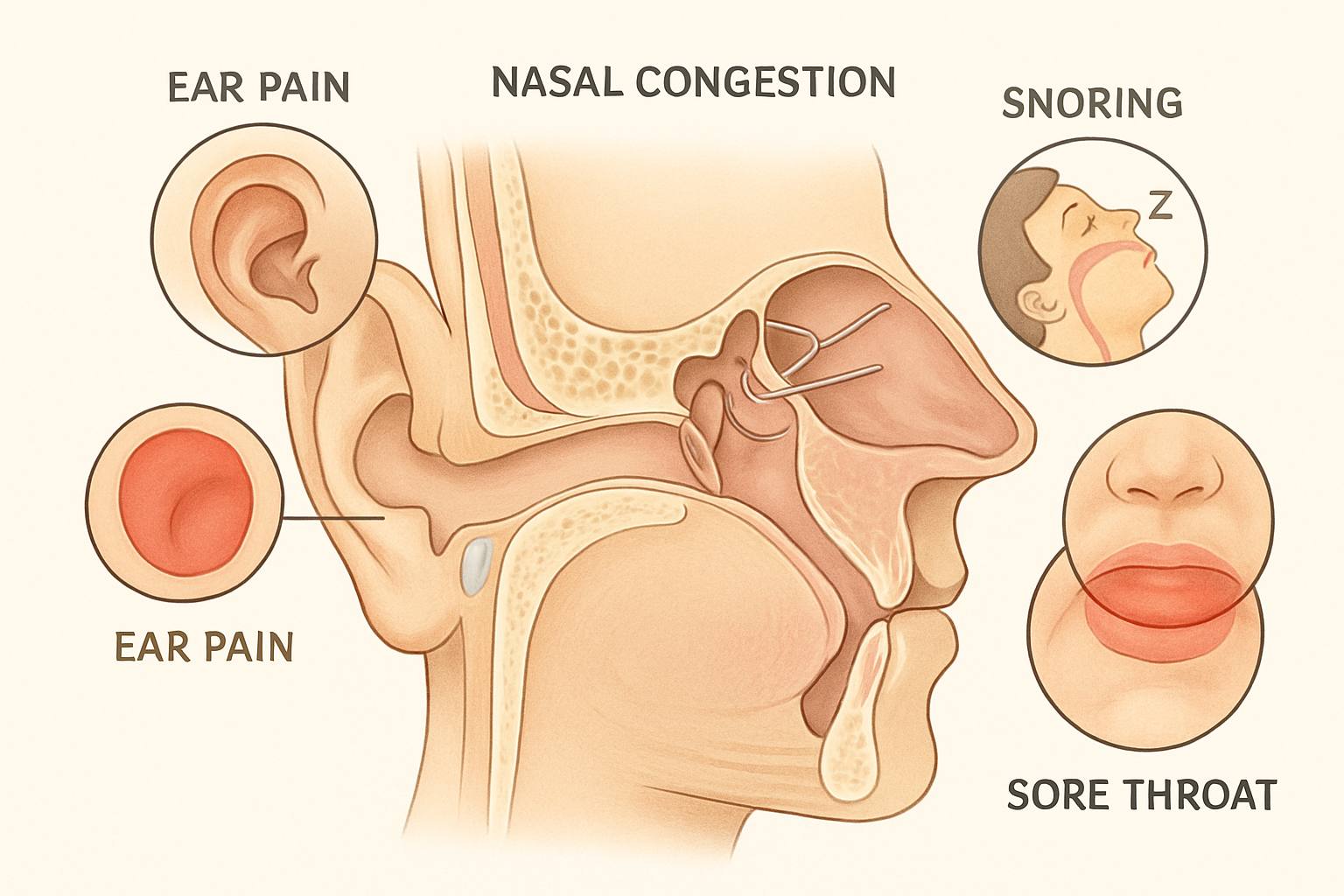 Medical illustration showing human ear, nose, and throat anatomy highlighting common symptoms like ear pain, nasal congestion, sore throat, snoring.