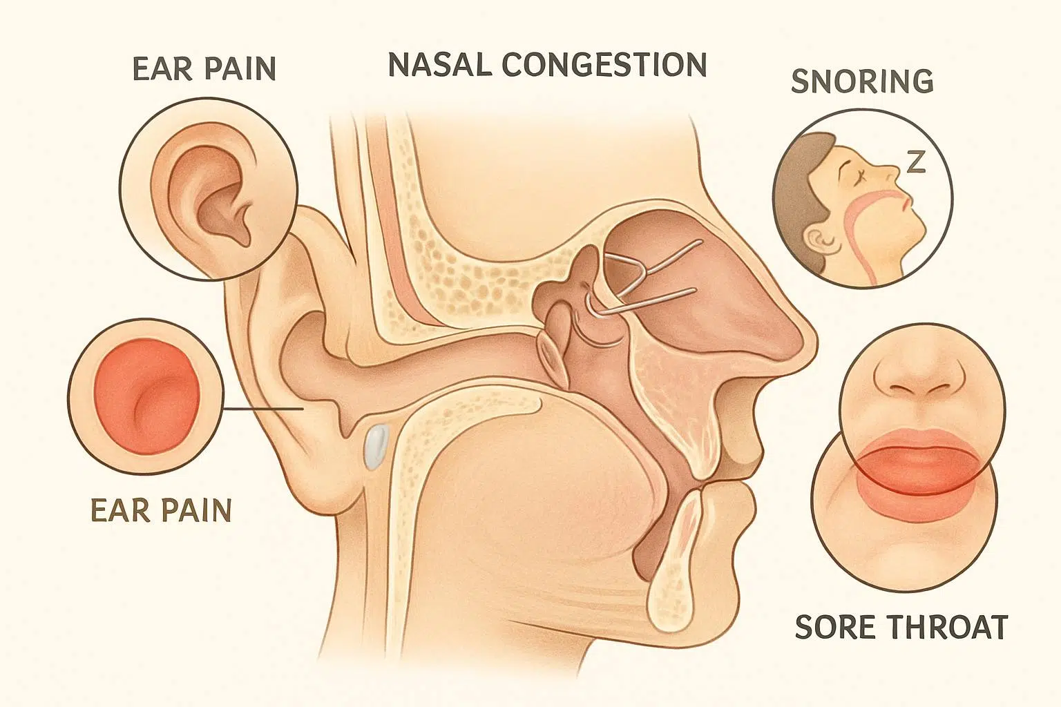 Medical illustration showing human ear, nose, and throat anatomy highlighting common symptoms like ear pain, nasal congestion, sore throat, snoring.