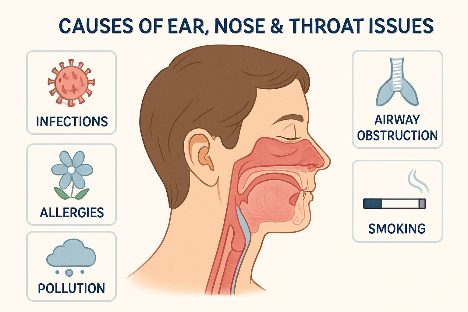 2D medical illustration depicting common causes and risk factors affecting ear, nose, and throat health including infections, allergies, airway obstruction, pollution, and smoking.