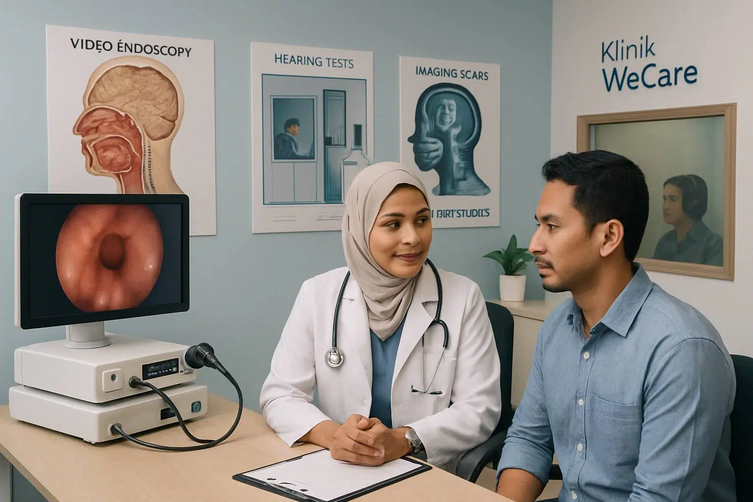 ENT specialist clinic scene showing diagnostic procedures like video-endoscopy, hearing tests, imaging scans, and sleep studies with a doctor consulting a patient.