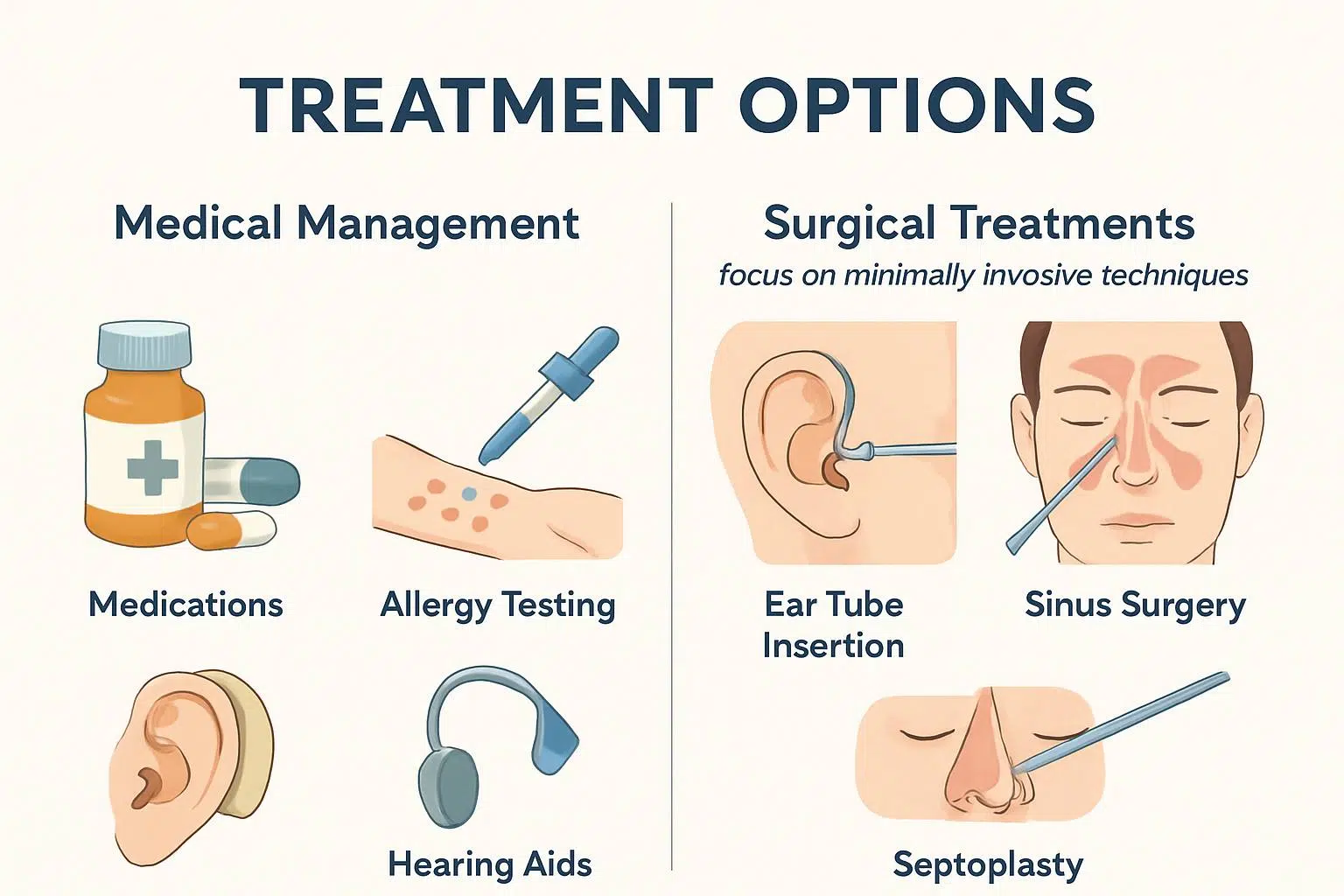 Medical illustration demonstrating treatment options including medical management and surgical treatments focusing on minimally invasive techniques.