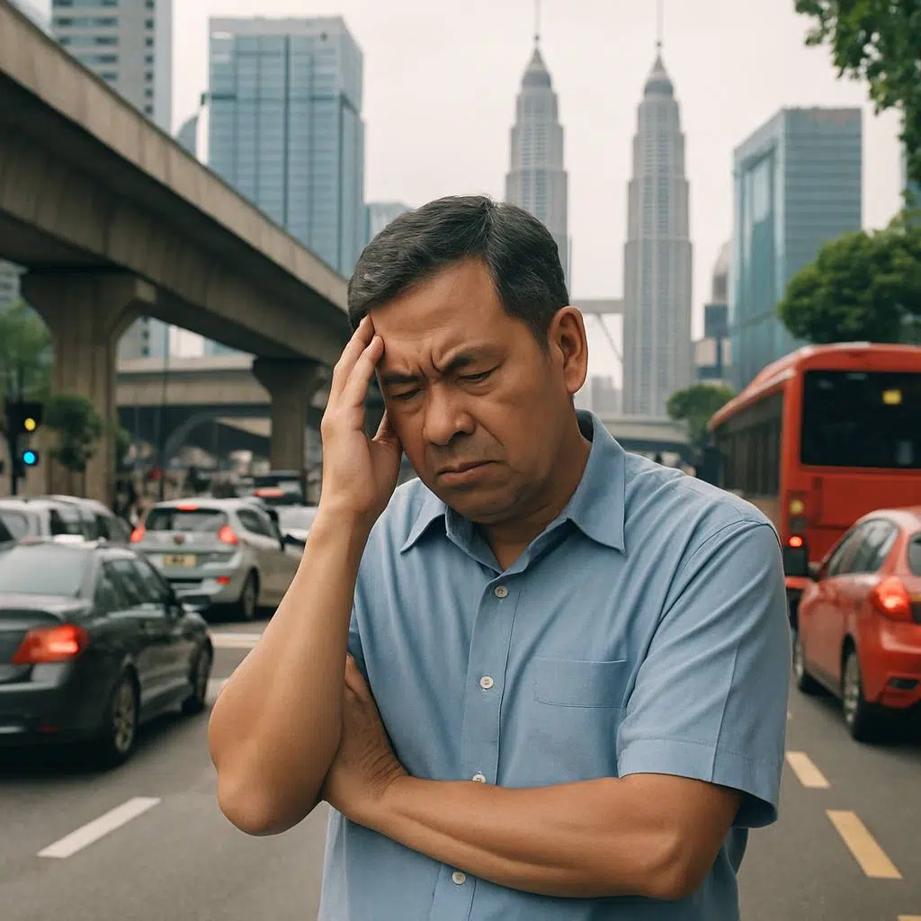 Illustration showing a middle-aged man in Kuala Lumpur looking stressed amidst busy urban life and traffic, symbolizing lifestyle factors impacting erectile dysfunction.