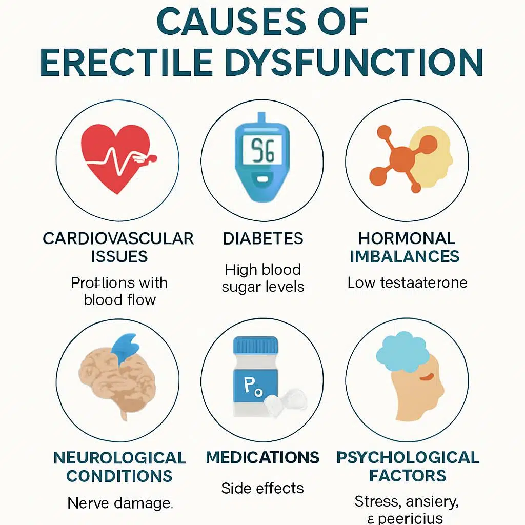 Medical infographic depicting common causes of erectile dysfunction including cardiovascular issues, diabetes, hormonal imbalances, neurological conditions, medications, and psychological factors.