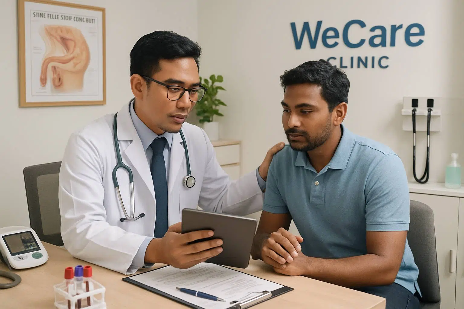 Scene inside WeCare Clinic with a doctor consulting a patient, showing medical consultation, physical examination, and laboratory testing for erectile dysfunction.