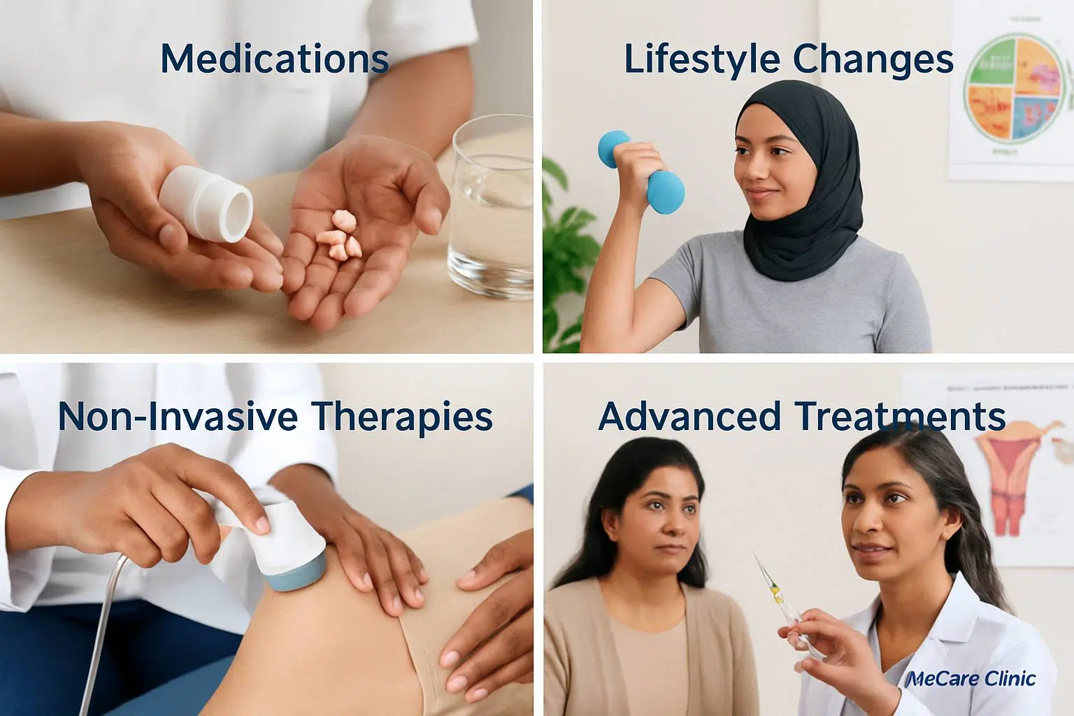 Visual representation of treatment options: medications, lifestyle changes like exercise and diet, non-invasive therapies, and advanced treatments like injections and hormonal therapy.