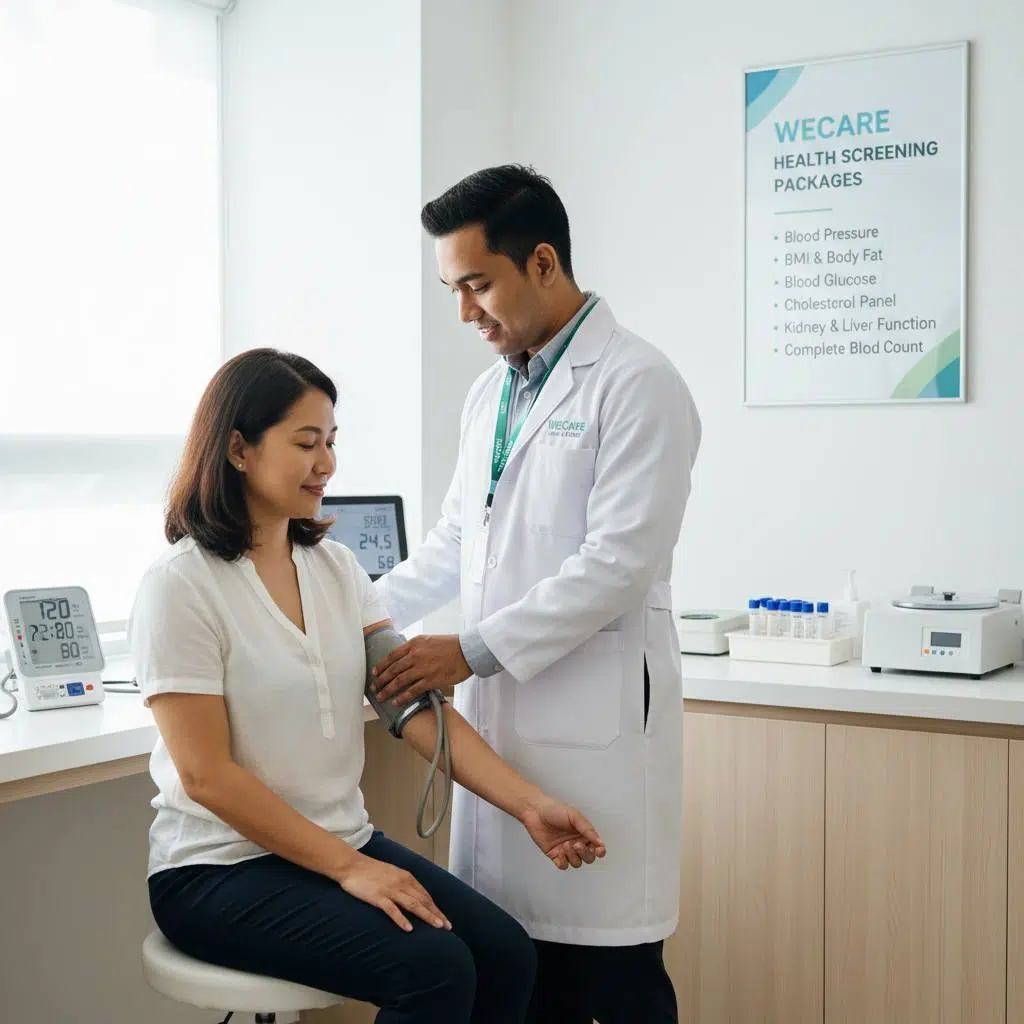 A medical professional at WeCare Clinic conducting a health screening, including blood pressure measurement, BMI calculation, and blood tests, highlighting common health screening tests offered.