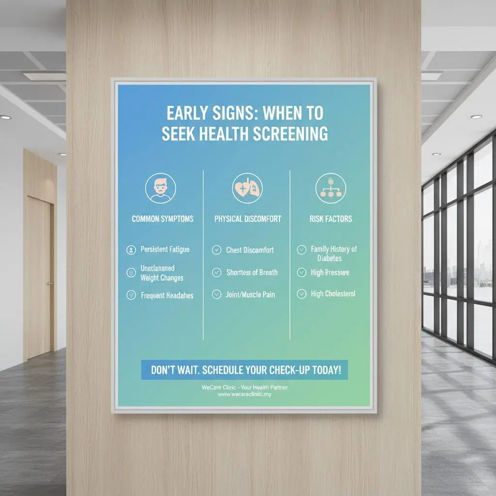 An informative graphic showing early signs and symptoms to seek health screening sooner, such as fatigue, chest discomfort, and family history of diseases, emphasizing the importance of timely check-ups.