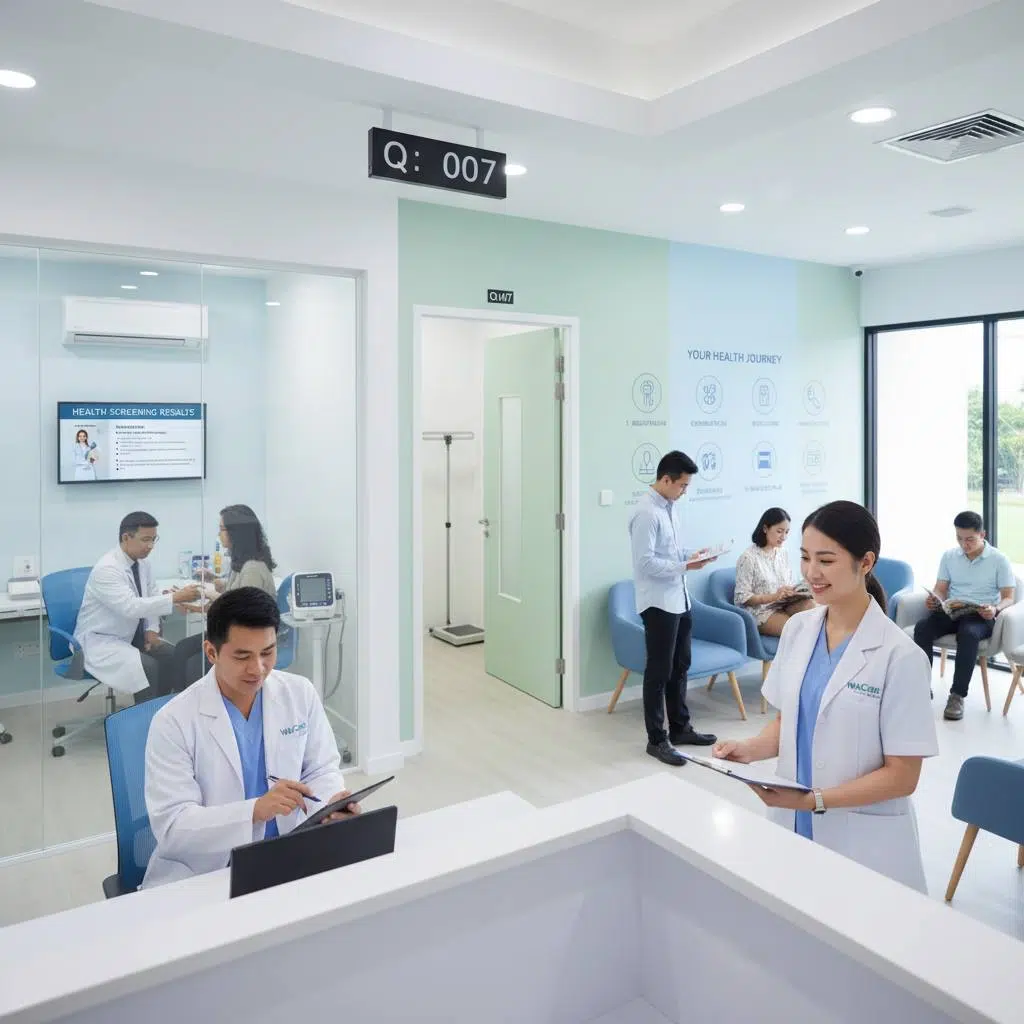 A welcoming clinic environment at WeCare Clinic in Klang Valley, showcasing friendly staff, private consultation rooms, and advanced medical equipment, representing the comprehensive health screening process and personalized care.