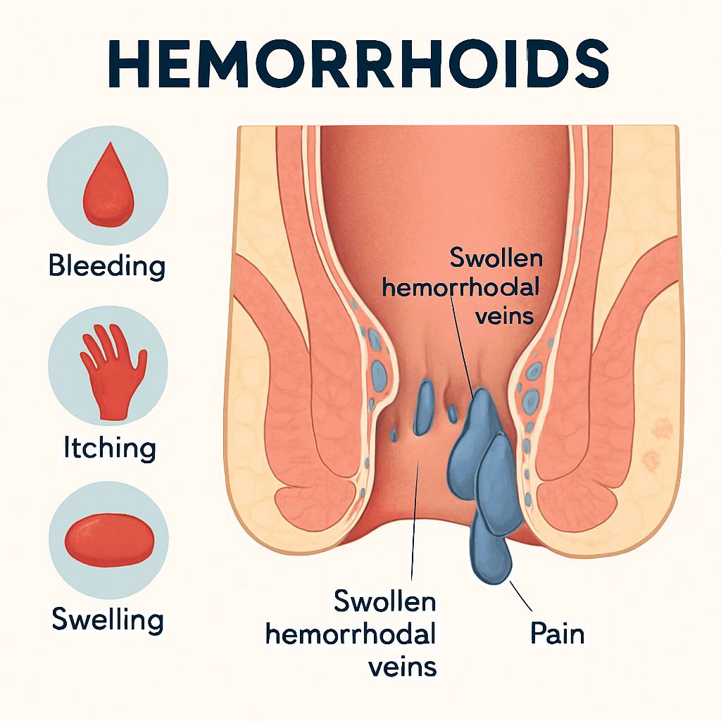2D medical illustration of rectal anatomy showing swollen hemorrhoidal veins and symptoms such as bleeding, itching, swelling, and pain