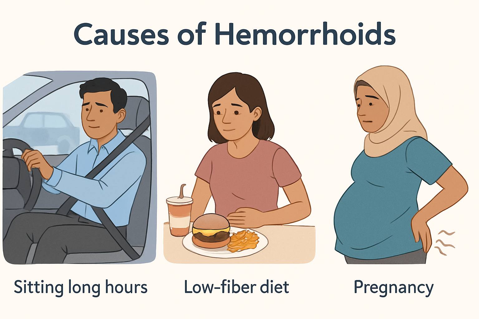 2D medical illustration showing causes and risk factors for hemorrhoids including sitting long hours, low-fiber diet, and pregnancy related abdominal pressure