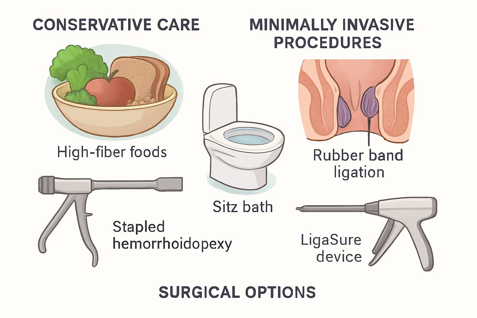 2D medical illustration showing various hemorrhoid treatment options including conservative care, minimally invasive procedures, and surgery