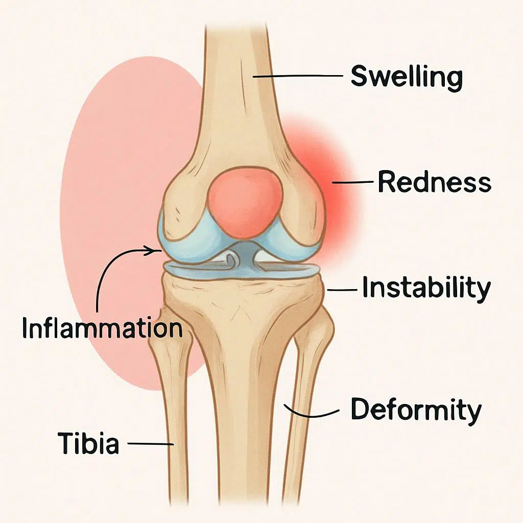 Medical illustration of knee joint showing symptoms like swelling, redness, instability, and warning signs