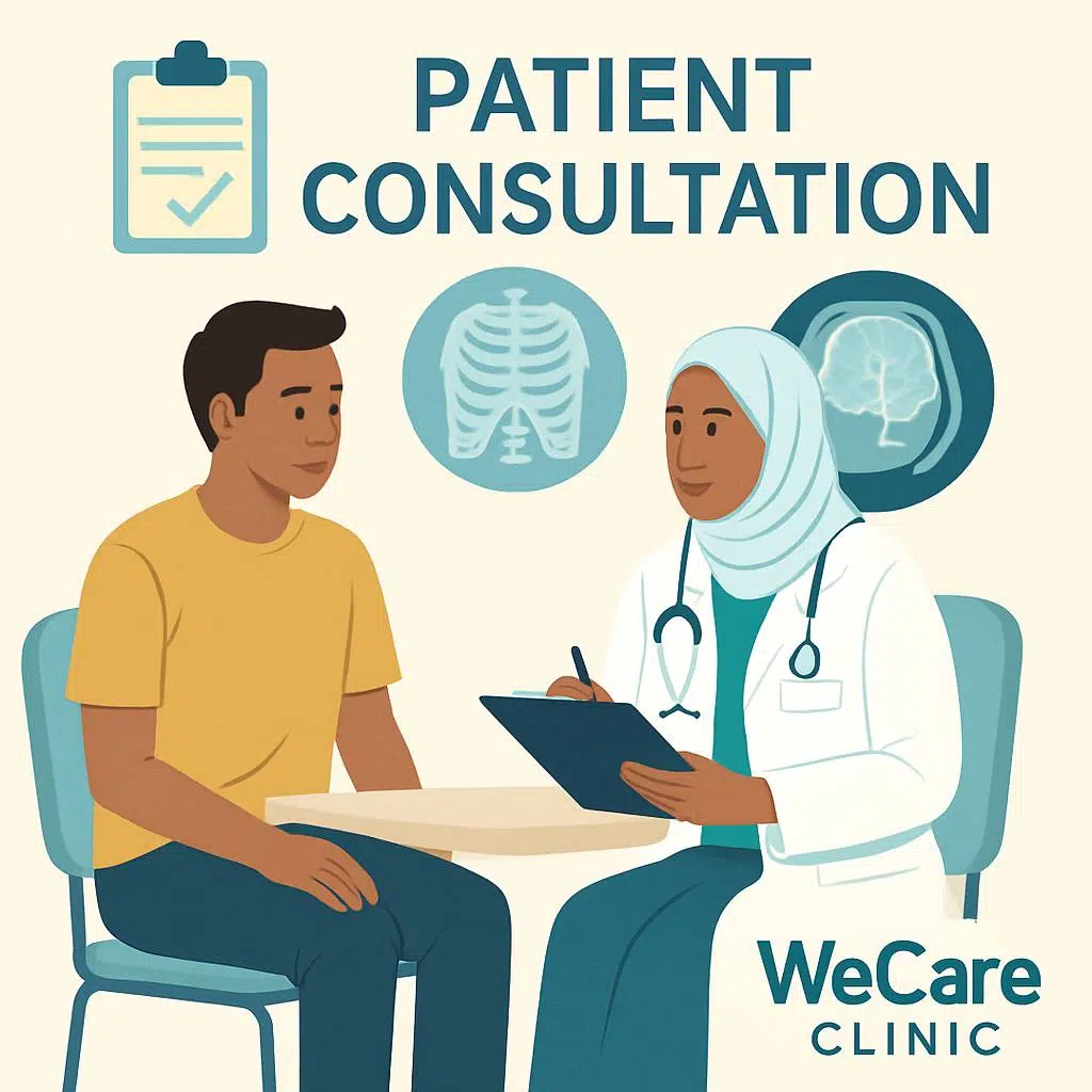 Patient consulting healthcare professional at WeCare Clinic with physical exam and diagnostic imaging