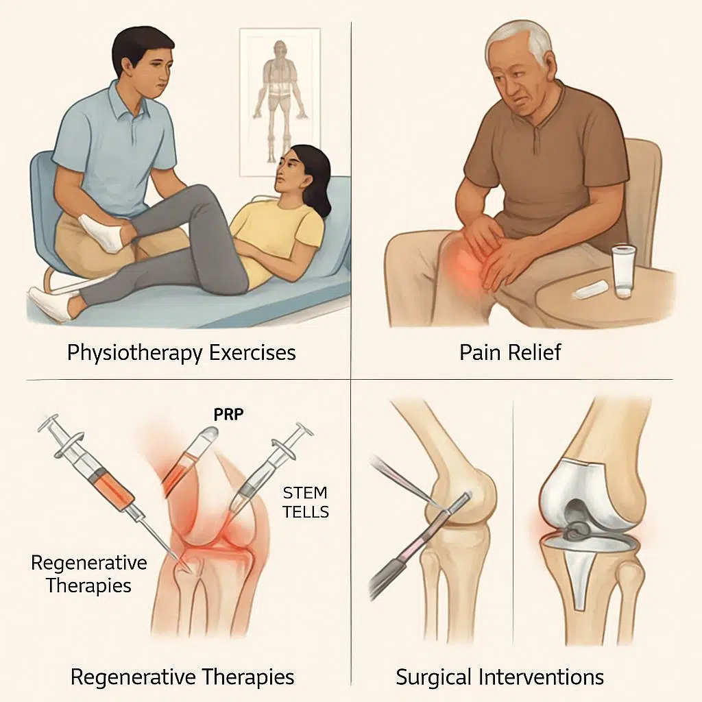 Illustration of knee pain treatments including physiotherapy, pain relief, regenerative therapies, arthroscopy, and knee replacement