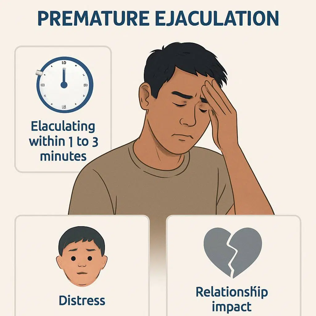 Infographic illustrating symptoms of premature ejaculation such as ejaculating within 1 to 3 minutes, distress, and relationship impact in Kuala Lumpur