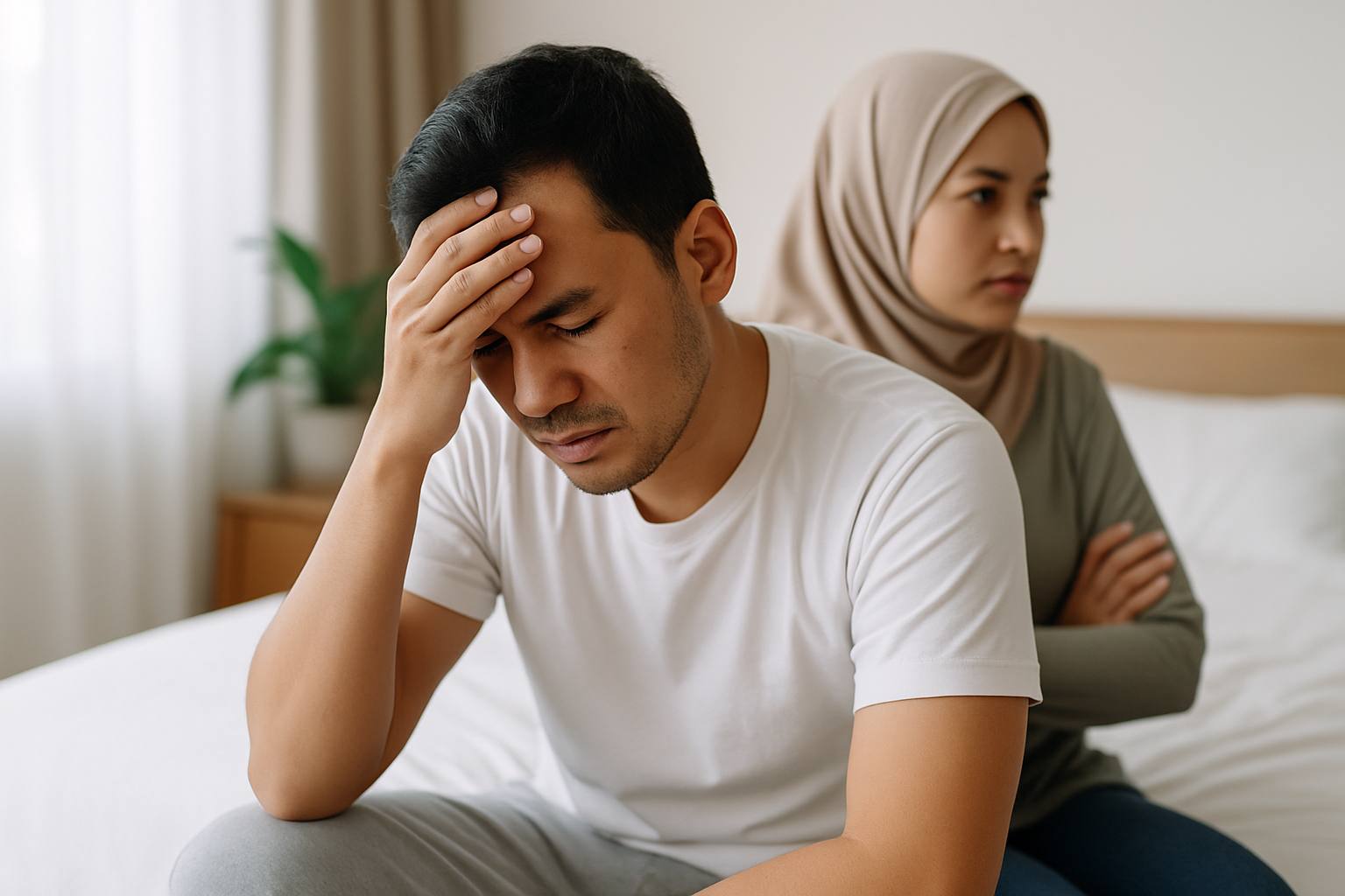 Visual representation of symptoms of premature ejaculation, including emotional distress and relationship tension.