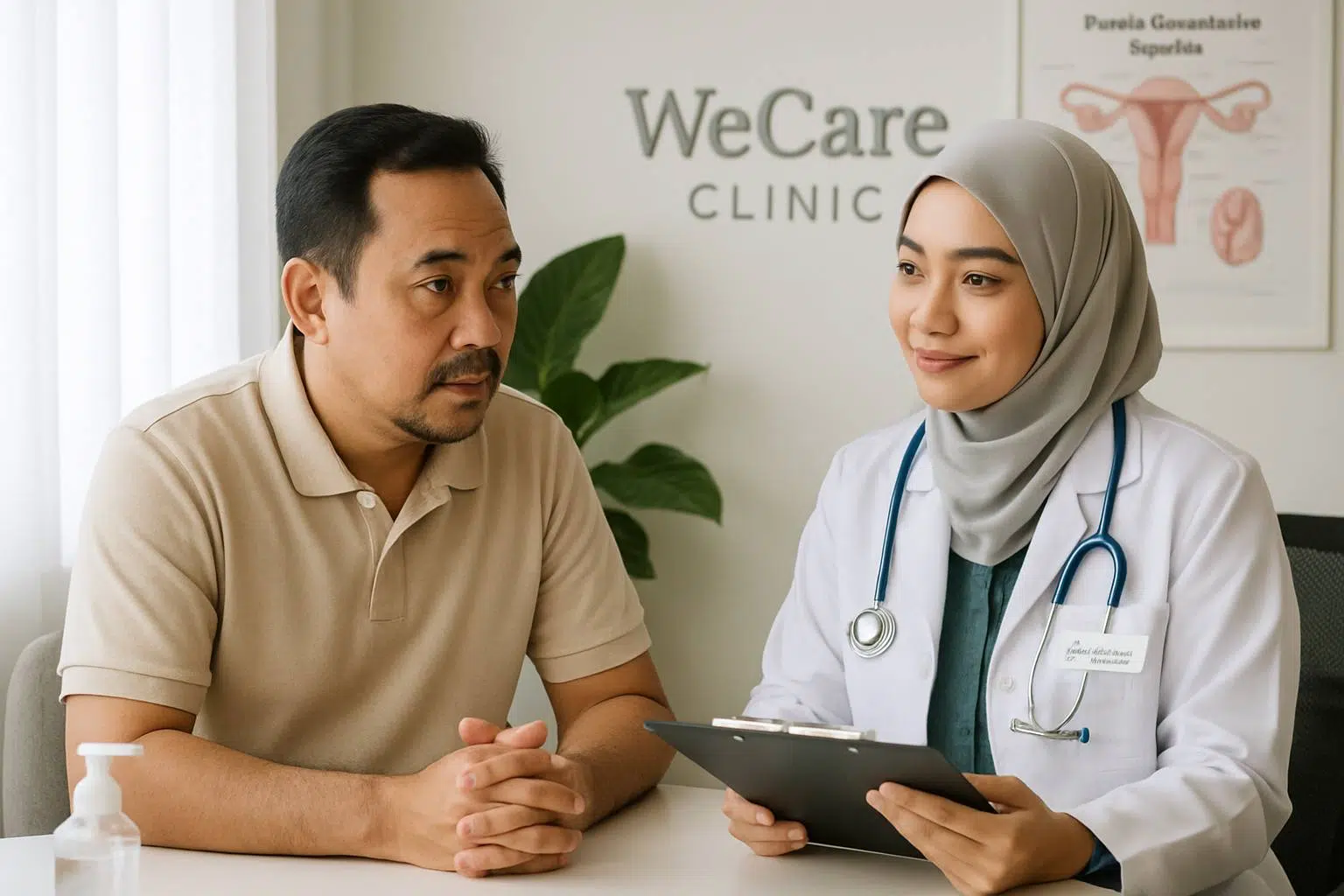 Warm professional clinic scene at WeCare Clinic Kuala Lumpur showing confidential consultation between male patient and healthcare provider