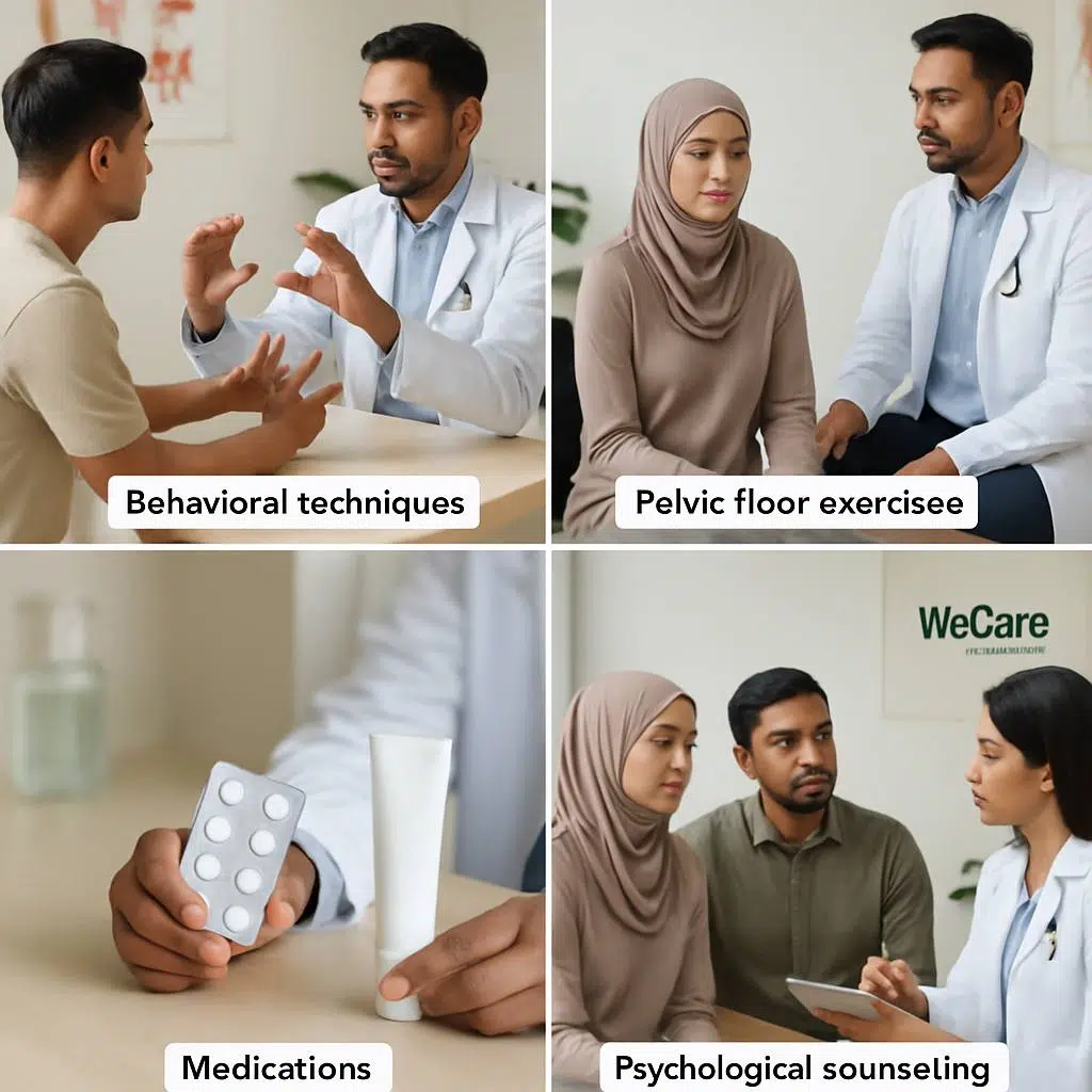 Collage showing treatment options for premature ejaculation including behavioral techniques, pelvic floor exercises, medications, and psychological counseling