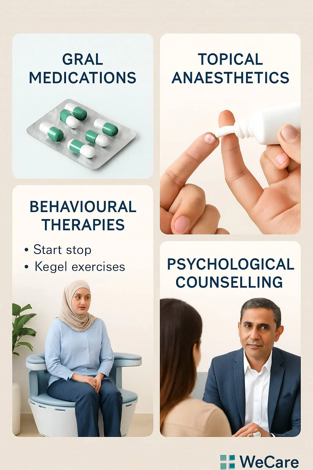Visual representation of various treatment options including oral medications, topical anesthetics, behavioral therapies like start-stop and Kegel exercises (highlighting EM-KEGEL chair therapy), and psychological counseling, arranged in a clean, easy-to-understand infographic style.