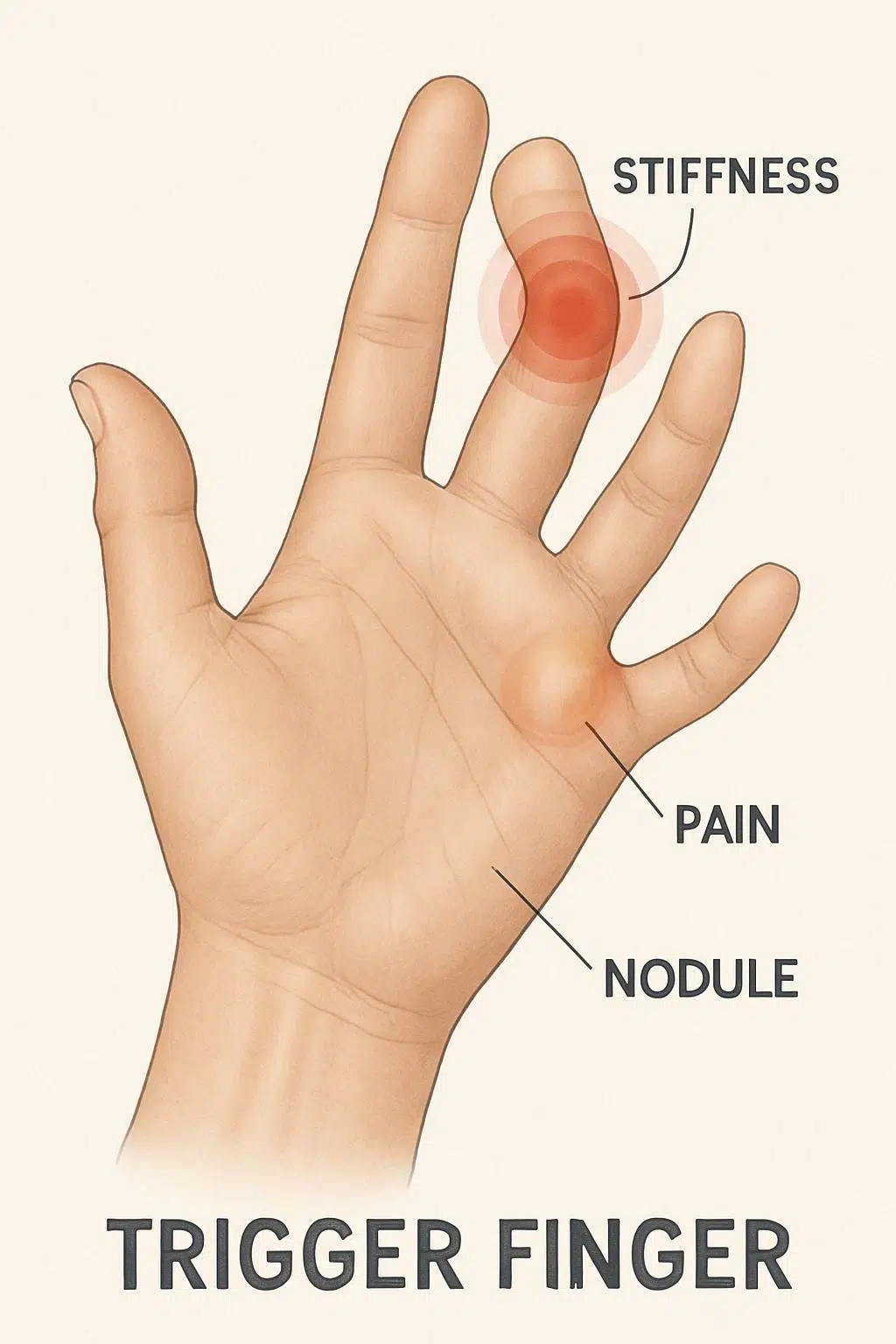 Medical illustration of a human hand showing a finger affected by trigger finger with pain points, stiffness, and a nodule at the base