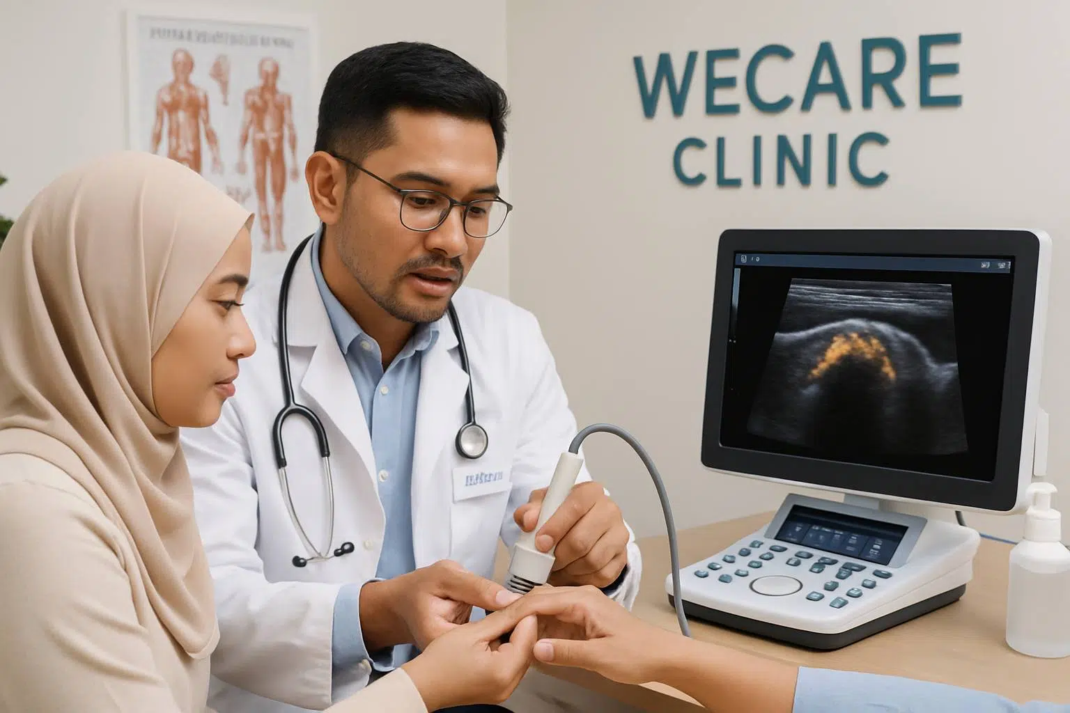 Medical illustration showing a doctor examining a patient's finger with ultrasound imaging at WeCare Clinic