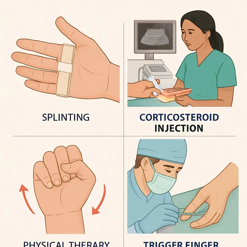 Step-by-step medical illustration of trigger finger treatments including splinting, corticosteroid injection, physical therapy, and surgery